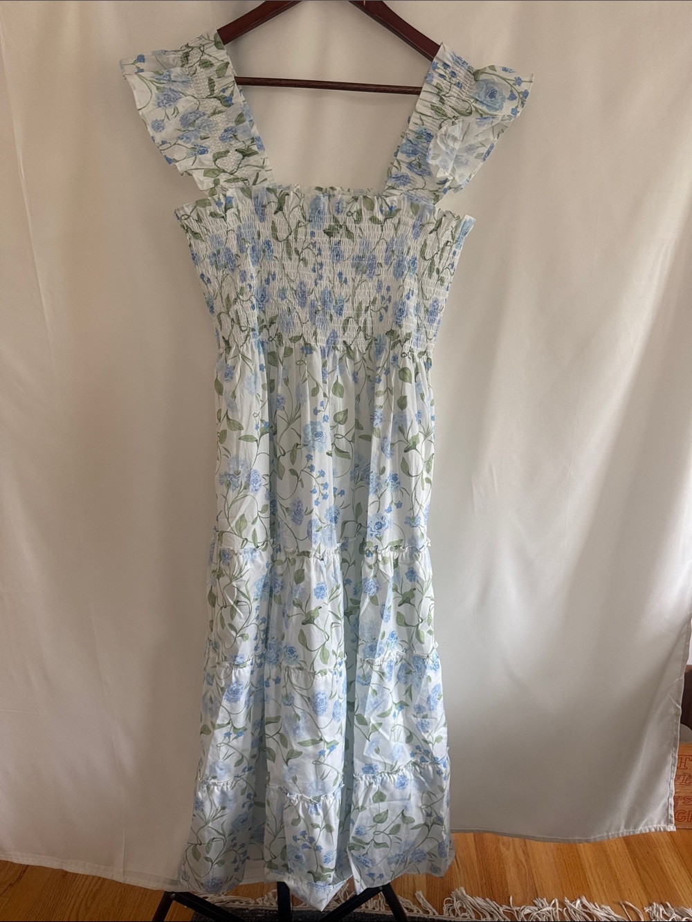 Hill House Light Blue and Green Floral Smocked Sundress for Women